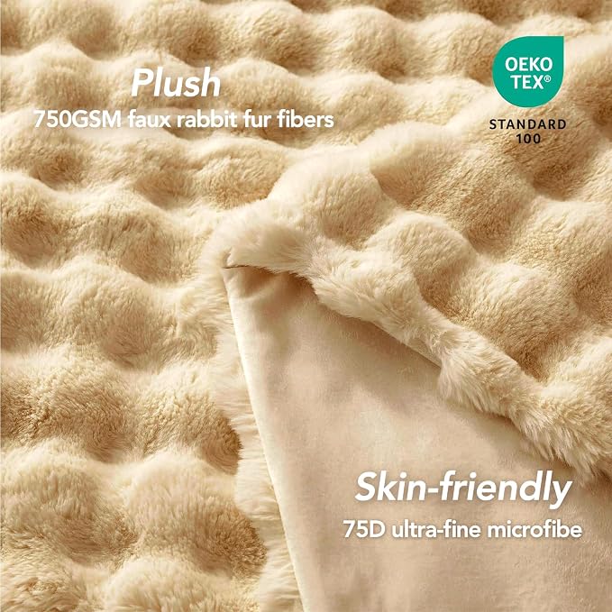 L'AGRATY Faux Rabbit Fur Throw Blanket for Couch, 60''x80'', Milk Tea Brown | Soft Cozy Bubble Fluffy Blanket for Sofa Bed, Thick Warm Plush Fuzzy Throw for Room Home Decor, Luxury Gift for Women Mom