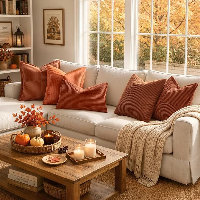 MIULEE Fall Lumbar Corduroy Throw Pillow Covers Set of 2 12x20 Rust | Decorative Soft Striped Textured Cushion Cases, Boho Rustic Pillowcases for Home Decor, for Couch Chair Sofa Bed Living Room