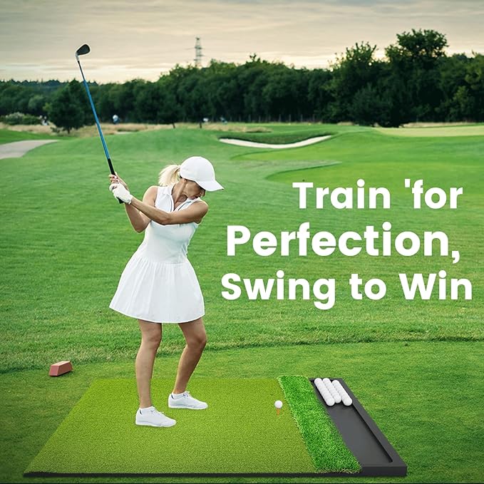 Golf Hitting Mat with Ball Tray 5x4ft - 6x4ft Dual-Turf Practice Mat for Indoor & Outdoor Use Golf Training Mat with Rubber Tee Holes, Suitable for Swing Driving & Chipping