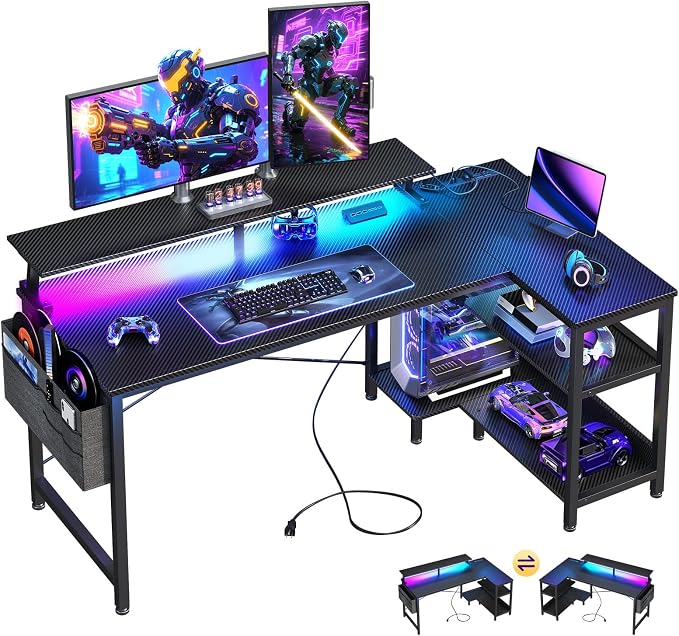 ODK 48 Inch L Shaped Gaming Desk with LED Lights, Power Outlets, Black | Adjustable Monitor Stand, Open Storage Shelves, Hanging Side Bag, PC Tower Stand, Reversible Layout for Gaming