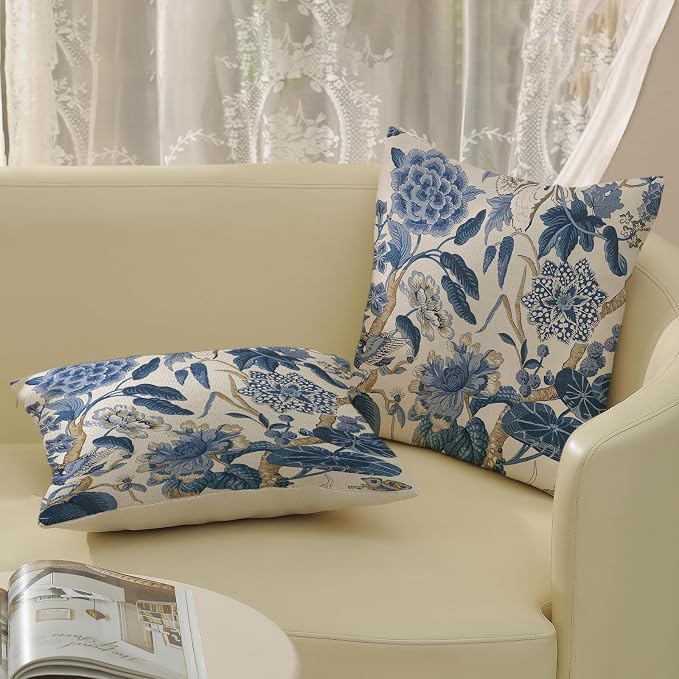Blue Pillow Covers 24x24 Inch Set of 2 Vintage Blue Floral Throw Pillows Chinoiserie Flower Decorative Pillow Cases Outdoor Linen Farmhouse Cushion Cover for Couch Home Sofa Bed Decorations