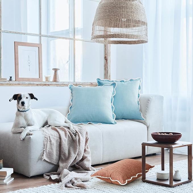 Scalloped Pillow Covers Set of 2 for Living Room | Spring Decorative Sofa Couch Pillows | Boho Sytle Decorative Home | Aesthetic Funky Preppy Pillow Cases (Blue, 20x20 Inch)