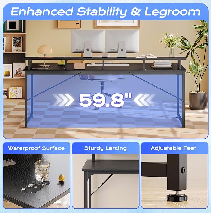 PRAISUN 63 inch Gaming Desk, LED & Power Outlets, Monitor Stand, Black | Sturdy PC Desk for Home Office, Study & Work, LED Lights, 4 AC Outlets & USB-C Charging Station