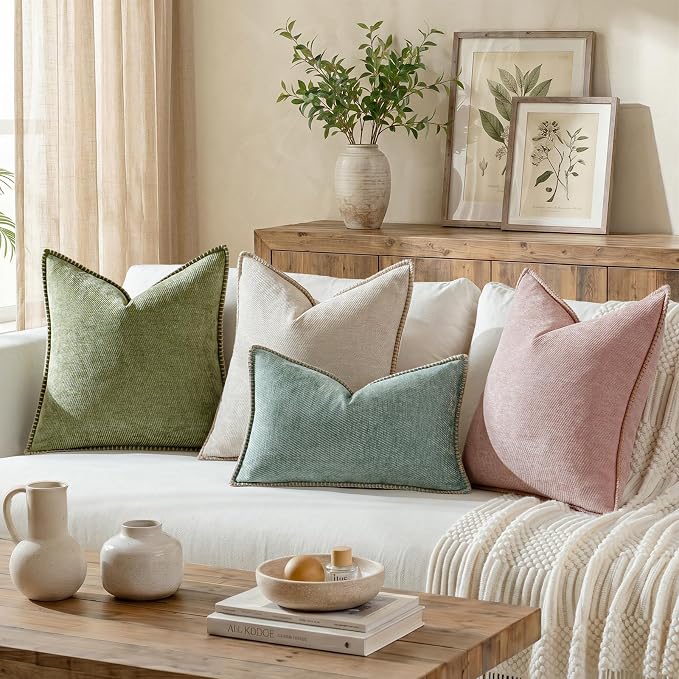 a moment Pack of 2 Decorative Chenille Throw Pillow Covers with Twill Cushion Covers for Sofa Living Room Couch Bed 24x24 Inch,Crafted Border Blush Pink