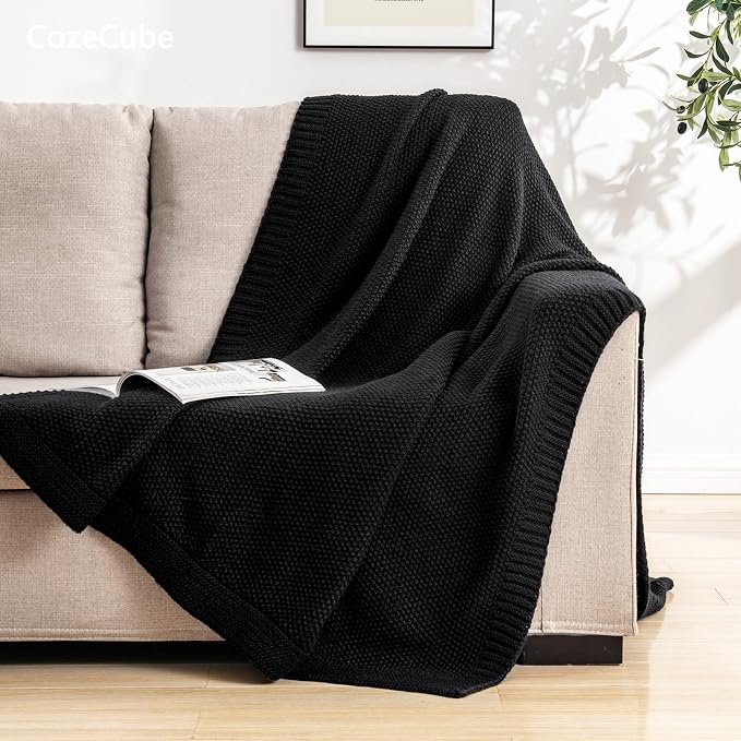 CozeCube Jet Black Seed Stitch Throw Blanket 60"x80", Farmhouse Decor | Blanket for Couch, Soft Cozy Cable Knit Throw for Bed Sofa Living Room, Lightweight Warm Decorative Christmas Blanket