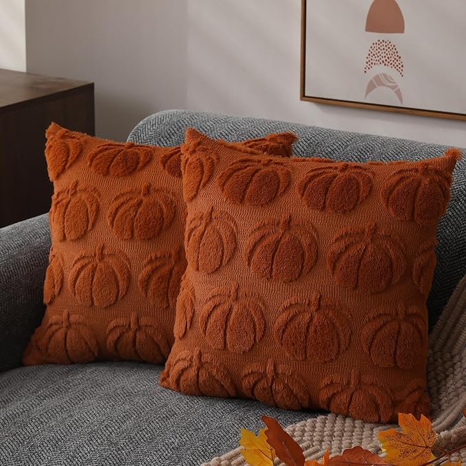 DFXSZ Fall Pillow Covers 22x22 2Pcs Rust Pumpkin Fall Decorations for Home | Fall decor Set of 2 Throw Pillow Cases Soft Plush Faux Fur Wool Couch Cushion for Chair Sofa Bedroom Living Room Home Decor