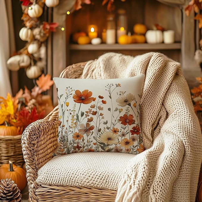 AACORS Fall Pillow Cover 18x18 Inch Floral Decoration Pillow Case Autumn Seasonal Decor for Home Sofa Couch AA730-18