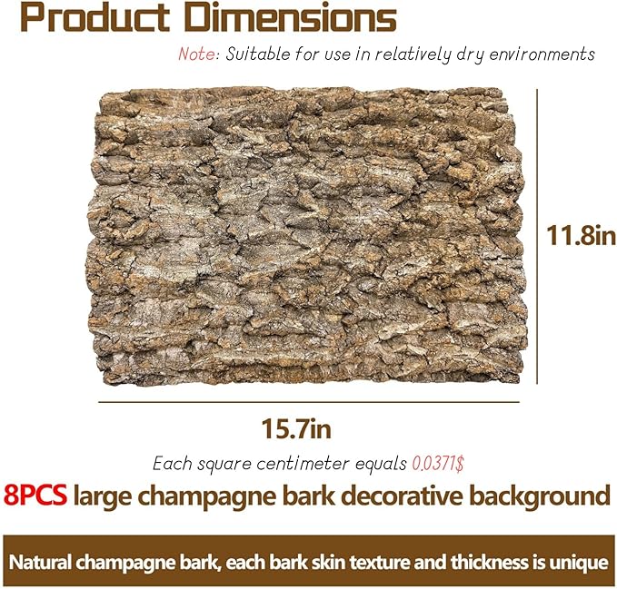 8PCS Cork Terrarium Background 15.7x11.8in Natural Large Cork Bark Backdrop Reptile Climbing Mat Tank Habitat Decor for Spider Lizard Chamelon Turtle Beared Dragon