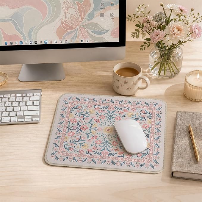 iCasso Aesthetic Small Mouse Pad, 9.5x7.9in,Home Office, Pink Floral | Pink Mini Portable Travel Mousepad, Anti-Slip and Comfortable Cloth Mouse Mat with Stitched Edges for Computer