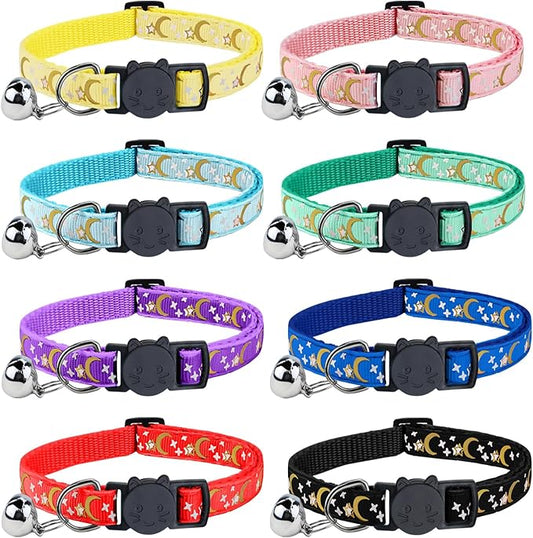 8 PCS Cat Collars with Bell Moons Stars, Reflections Cat Collar with Bells, Breakaway Cute Kitty Collar for Cats, Pet Gifts, Accessories (8 Colors)