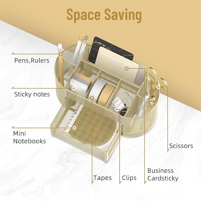 SUPEASY Mesh Desk Organizer, Desk Accessories & Workspace Organizers with Drawers, Pencil Holder for Desk with 9 Compartments for Office Suppliess, 8.6 x 4.3 x 4.1 Inch, Yellow | Pull-Out Drawer Stores Pens, Pencils, Clips, Notes, and Small Office or S...
