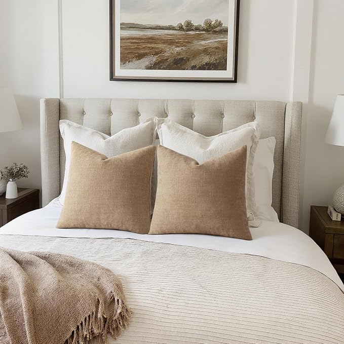 MIULEE Textured Chenille Throw Pillow Covers 22x22 Inch Starfish Khaki | Pack of 2 Camel Decorative Soft Pillows, Solid Textured Cushion Covers, Modern Home Decor for Couch Sofa Bedroom Living Room