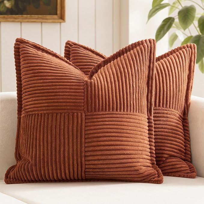 MIULEE Fall Dark Rust Decorative Euro Sham Throw Pillow Covers for Couch Bed Livingroom 24x24 Inch Set of 2 Boho Accent Throw Pllows Broadside Striped Patchwork Soft Corduroy Pillowcases, Terracotta