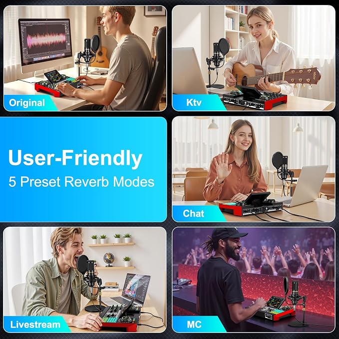 Podcast Microphone Bundle with Live Sound Card Audio Mixer, Podcast Equipment Bundle with 3.5mm Condenser Microphone for Pc/Phone Live Streaming Singing Gaming, Sound Board with Voice Changer, Denoise