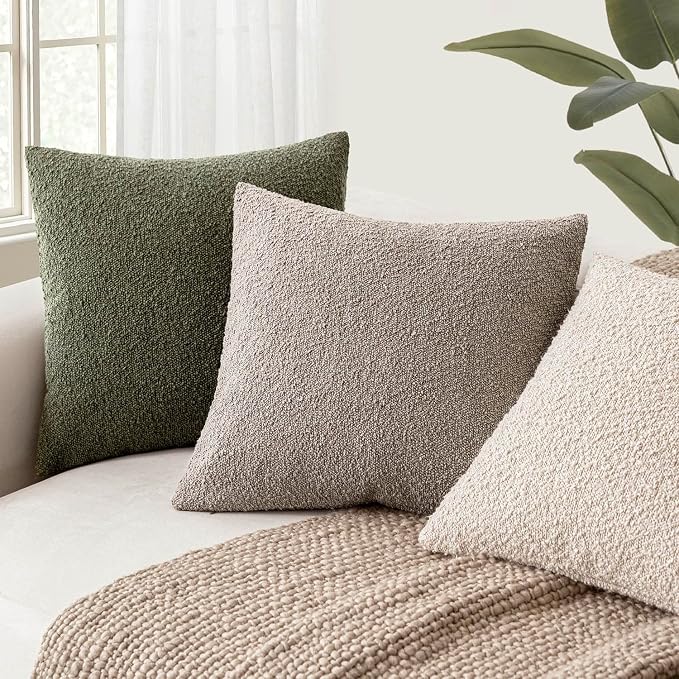 Foindtower Pack of 2 Textured Boucle Throw Pillow Covers Accent Solid Pillow Cases Cozy Soft Decorative Couch Cushion Case for Chair Sofa Bedroom Living Room Home Decor 18x18 Inch Light Taupe
