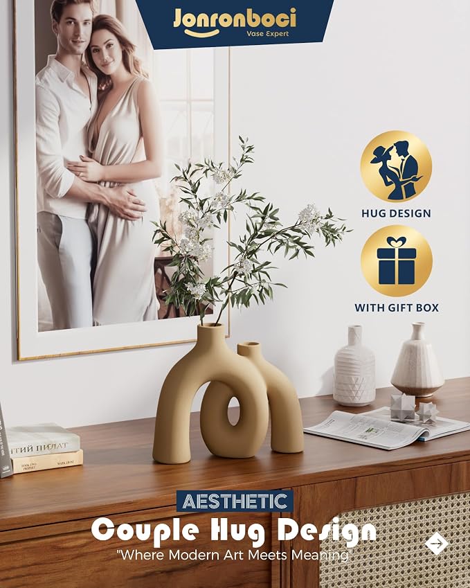 Hug Donut Decorative Vase Set - Tan Modern Rustic Farmhouse Style Vases Home Decor,Matte Ceramic Decorations for Living Room Shelf, Bookshelf Mantle Entryway Table Centerpiece or Console Décor(Brown)
