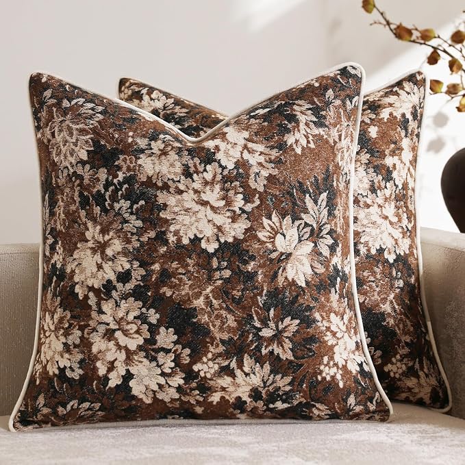 Pack of 2 Vintage Floral Euro Sham Covers 24x24 Boho Farmhouse Accents Chenille Square Decorative Throw Pillow Cases for Living Room Couch Bed Home Decor, Dark Brown