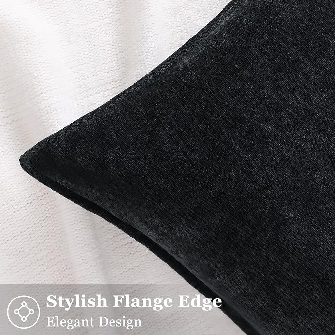 decorUhome Chenille Black Velvet Throw Pillow Covers 22x22 Set of 2 | Fall Soft Euro Sham Couch Decorative Modern Farmhouse Pillow Cases with Elegant Design for Sofa Bed Living Room Home Decor