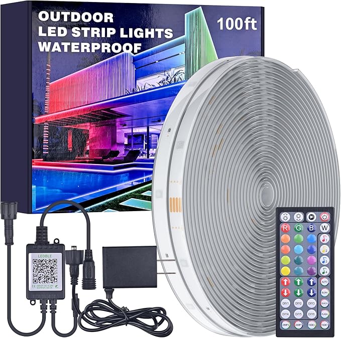 MIHEAL 100FT Outdoor LED Strip Light IP67 Waterproof,Outside RGB Lights with App/Remote Control,Color Changing,Music Sync Rope Light for Balcony,Deck,Rooftop,Garden,Pool
