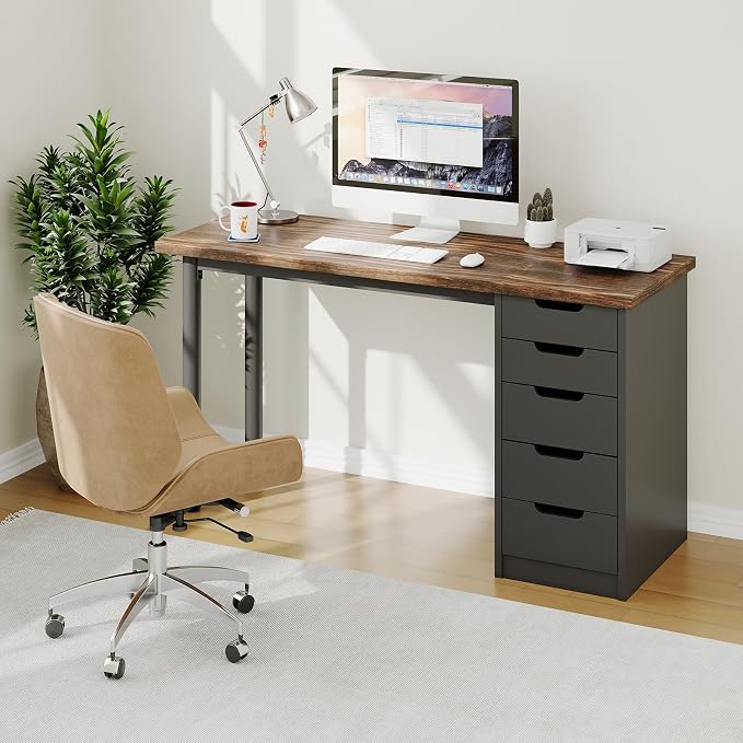 Garvee Computer Desk with 5 Drawers, 47 Inch Modern Simple Study Writing Desk with Storage, Rustic Home Office Desk, Reversible Computer Desk for Small Spaces, Apartments, Dorms, Brown+Black