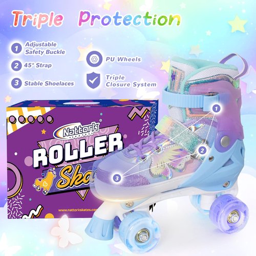 Kids Roller Skates for Girls Boys - Purple for Big Kids Age 7 8 9 10 - Adjustable All Light up Wheels Butterfly and Flower Indoor Outdoor Sports Birthday Gift for Son and Grandson
