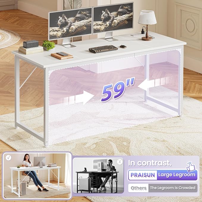 PRAISUN 63 X 24 Inch Computer Desk, Power Outlets, USB-C, White | Office Desk with 4 AC Outlets, USB & USB-C, Sturdy Metal Frame, Spacious Desktop for Work, Writing, Study & Gaming
