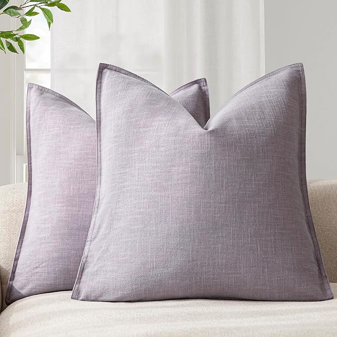 Foindtower Pack of 2, Decorative Linen Solid Throw Pillow Covers Soft Accent Euro Cushion Case Boho Farmhouse Neutral Pillowcase for Couch Sofa Bedroom Living Room Home Decor 18 x 18 Inch Light Purple