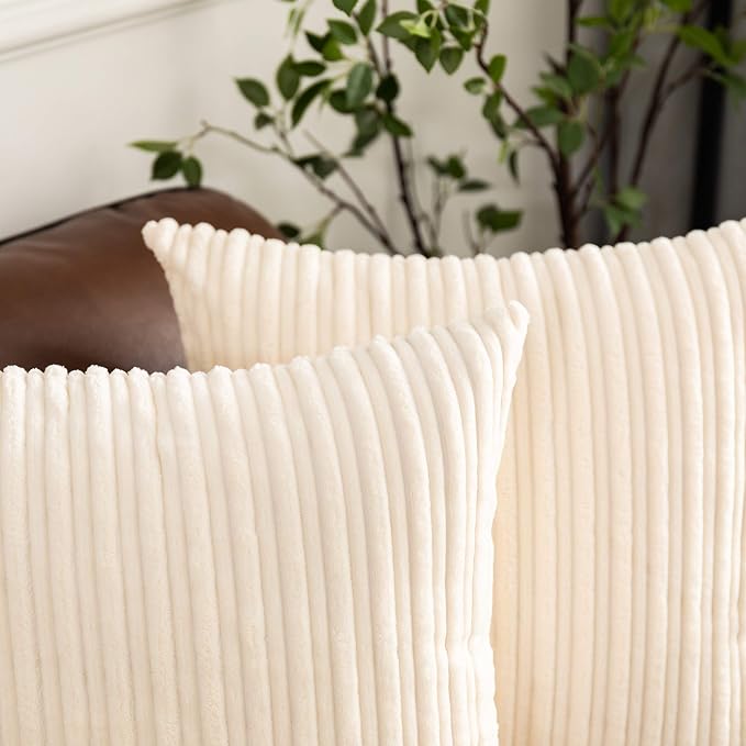 UGASA 18x18Inch Stripe Decorative Throw Pillow Covers Pack of 2 Soft Velvet Solid Square Cushion Case for Sofa Bedroom Couch, Cream