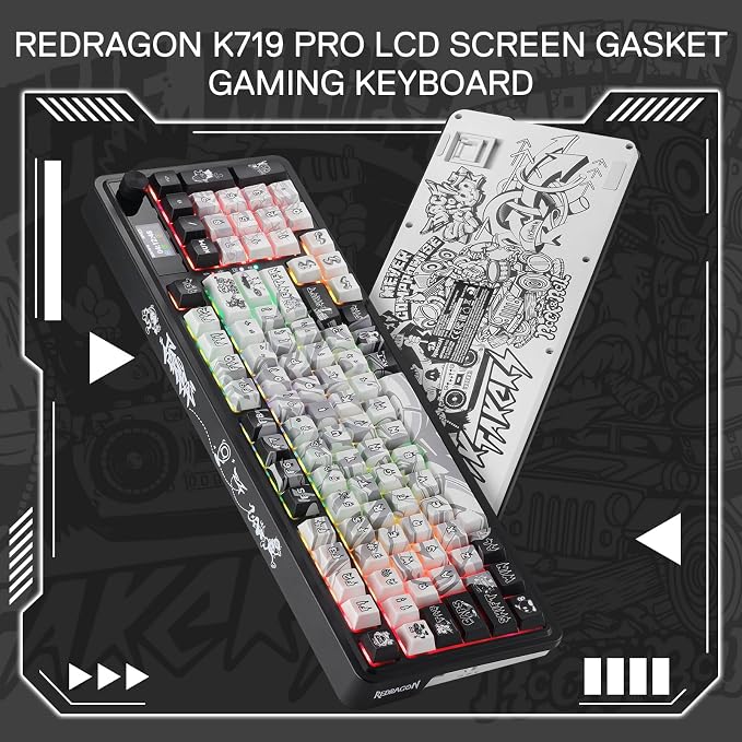 Redragon K719 PRO Wireless 95-Key Gasket Gaming Keyboard, TFT Screen & Knob | Easy-Control LED Info Display, 0-Delay Tri-Mode, Cushioned 5-Layer Noise Dampening for Creamy Thocky Sound, Practical 95 keys