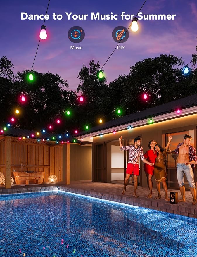Govee Smart Outdoor String Lights H7015, 48ft RGBIC Outdoor Lights with 15 Dimmable LED Bulbs, IP65 Waterproof, Color Changing Warm White Lights with 47 Scene Modes for Patio, Backyard, App Control | 15 Dimmable LED Bulbs Outdoor Lights with Color Chan...