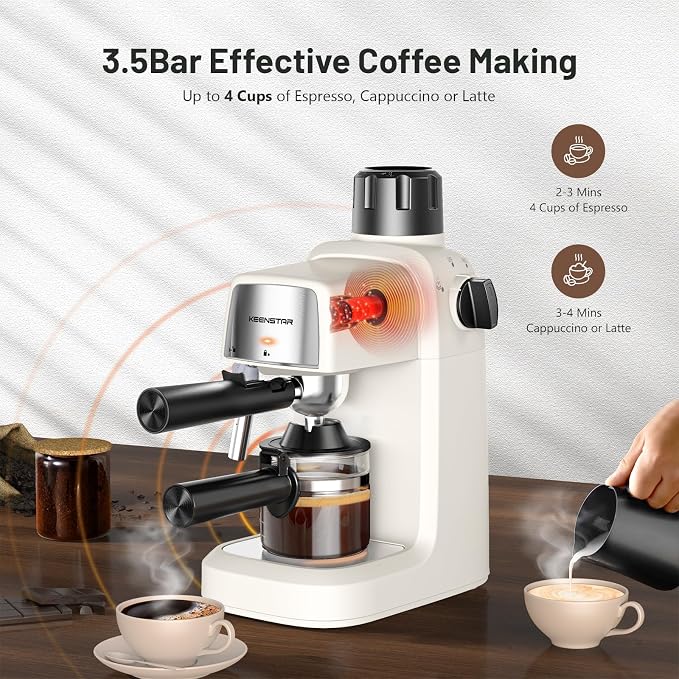 KEENSTAR 3.5Bar Espresso Machine with Milk Frother, 800W Compact Espresso and Cappuccino Maker, Preheating Function, 4-Cup Espresso Maker for Latte or Cappuccino, Gift for Coffee Lovers Upgrade | Milk Frother, 800W Fast Heating, Brew Latte & Cappuccino...