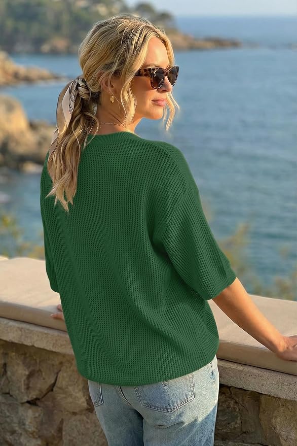 Arach&Cloz Womens Summer 100% Cotton Oversized Crochet Tops 3/4 Length Sleeve Sweater Hollow Out Casual Blouses 2026
