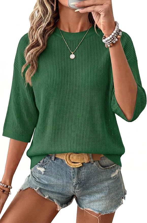 Arach&Cloz Womens Summer 100% Cotton Oversized Crochet Tops 3/4 Length Sleeve Sweater Hollow Out Casual Blouses 2026
