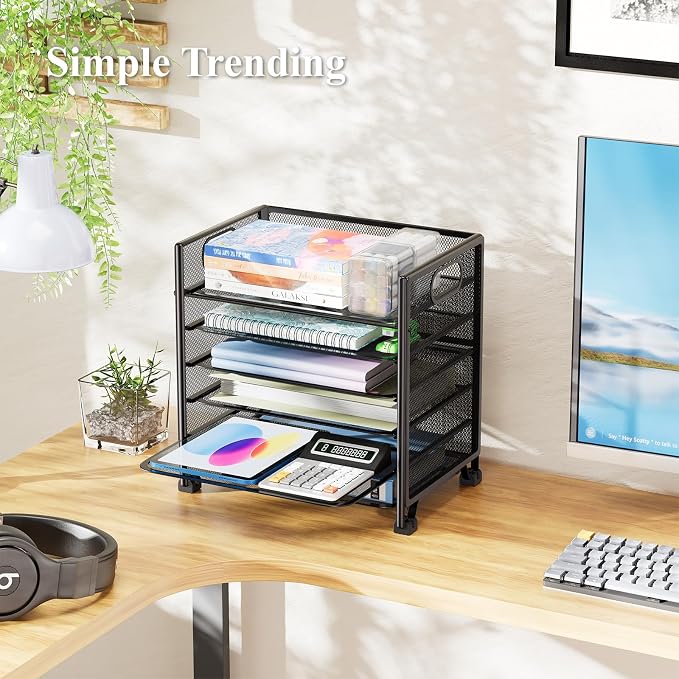 Simple Trending 6-Tier Paper Tray Organizer, File Organizer for Desk, Black | Letter Tray Holder with Handle. Sturdy Metal Frame. Non-slip Feet. Black for Office Home School. 13.35"L x 9.35"W x 15.6"H