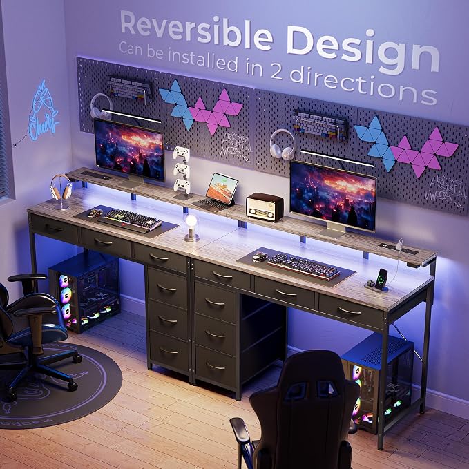 Huuger Gaming Desk with 6 Drawers, Computer Desk with LED Lights Power Outlets and Type-C, 39 Inch Office Desk with Storage, Monitor Stand, Writing & Work Desk for Home Office, Bedroom, Grey