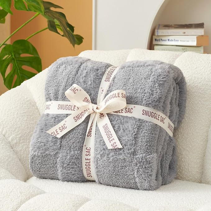 Snuggle Sac Faux Fur Checkered Blanket Twin Size with Soft Knitted Microfiber Fabric,Cozy Soft Warm Blanket for Sofa Bedroom Living Room,Solid Light Grey,60x80 inches
