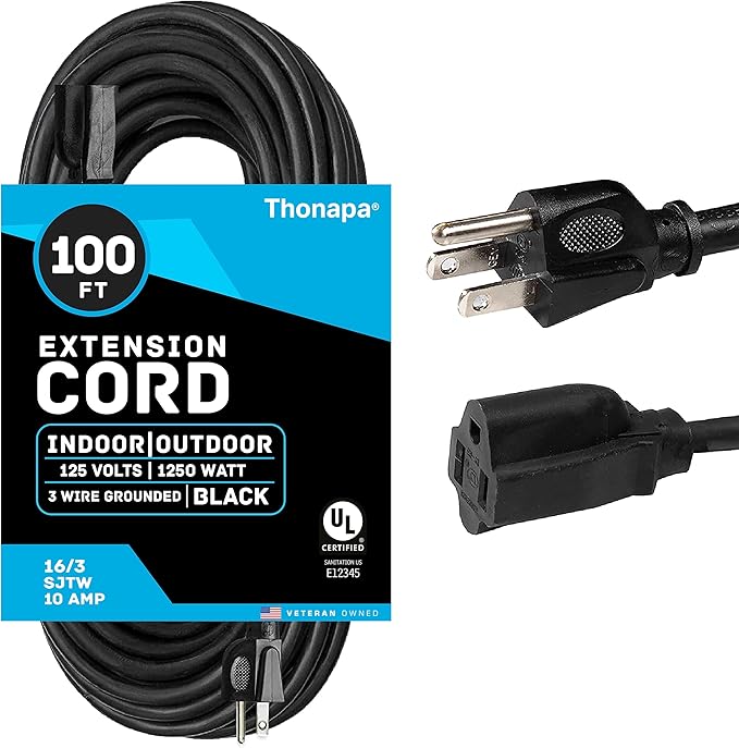 Thonapa 100 ft Outdoor Extension Cord, 16/3 SJTW Black Extension Cord 100 Foot 3 Prong, Weatherproof Exterior Power Cable for Outside Lights & Lawn, UL Certified - US Veteran Owned
