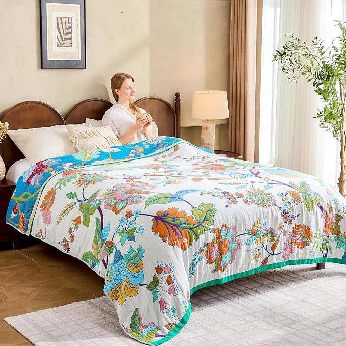 XIBLC Summer Throw Blanket, 90"x98" Reversible Bohemian Flower Blanket, 100% Cotton Muslin Breathable Woven, Farmhouse Decorative Throw Blanket