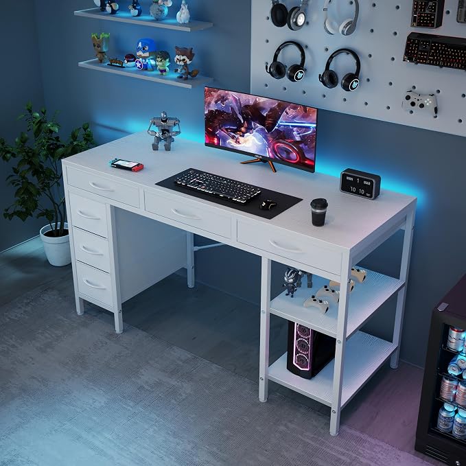 Sweetcrispy 55" Computer Desk with 6 Fabric Drawers & Storage Shelves | Reversible Gaming Desk, Office Desk, Computer Workstation, Corner Desk with Storag, Home Office, Living Room, White