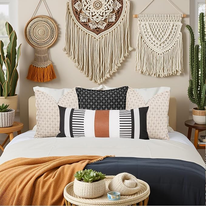 Long Body Lumbar Decorative Pillow Cover 14x36 Rectangle Boho Accent Cushion Case for Bed Couch Bench Faux Leather Pillowcase, Black (Cover ONLY, Pack of 1)