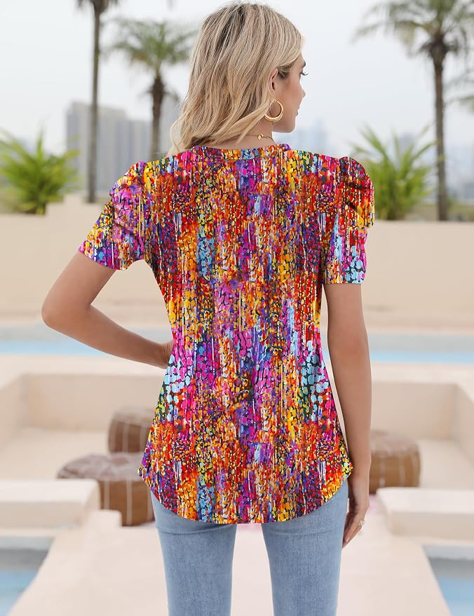 Ivicoer Puff Short Sleeve Shirt for Women Eyelet Tops Summer Crewneck Blouse Loose Fit S-XXL