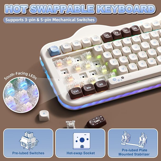 YUNZII C98 Cute Cake Wireless Mechanical Keyboard (Choco, Milk Switch) | 99 Keys with Number Pad, Hot Swap, PBT MOA Keycaps, BT5.0/2.4G/USB-C, Gasket Mount, Custom RGB Backlit for Win/Mac