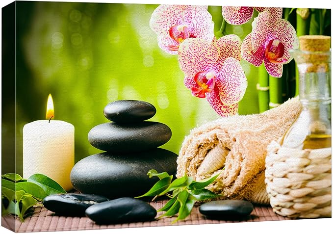 wall26 Canvas Print Wall Art Massage Stones Zen Pink Orchid Flower Plants Candles Nature Wilderness Photography Realism Rustic Landscape Colorful for Living Room, Bedroom, Bathroom, Office - 16"x24"