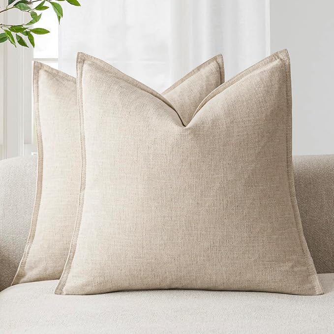 Foindtower Pack of 2, Decorative Linen Soild Throw Pillow Covers Soft Accent Cushion Case Boho Farmhouse Neutral Pillowcase for Couch Sofa Bedroom Living Room Home Decor 16 x 16 Inch Natural Beige