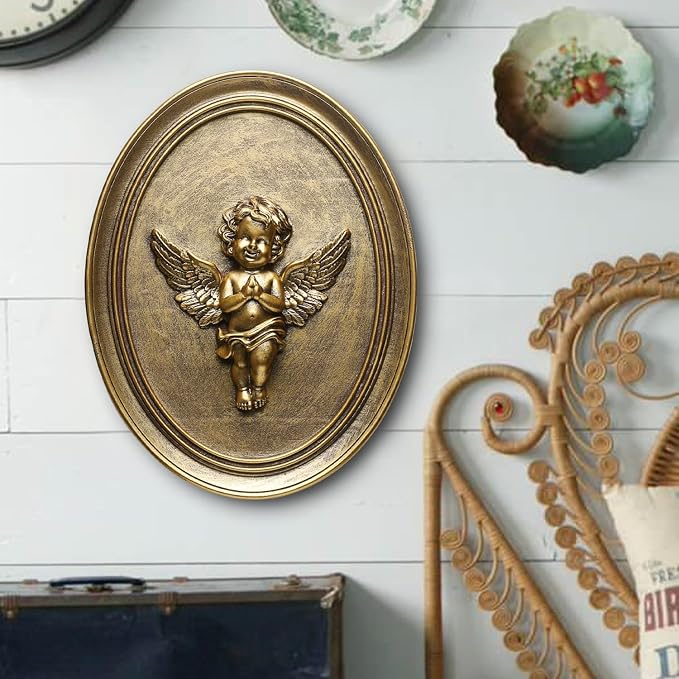 Newinhome Vintage Cherub Wall Sculptures Set of 2 Antique Wall Decor Oval Aesthetic Room Decor Vintage Decoration for Living Room Hallway and Bedroom (Gold Cherubs)