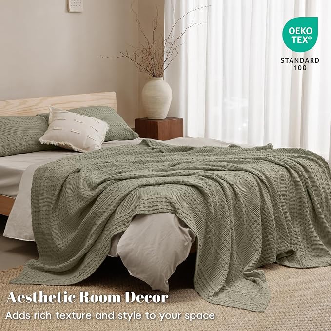 PHF 100% Cotton Waffle Weave Blanket Queen Size, Lightweight Breathable Summer Blanket for Hot Sleepers, Pre-Washed Soft Layer for Bed, Couch, Aesthetic Home Decor & Gift, 90"x90", Dusty Sage