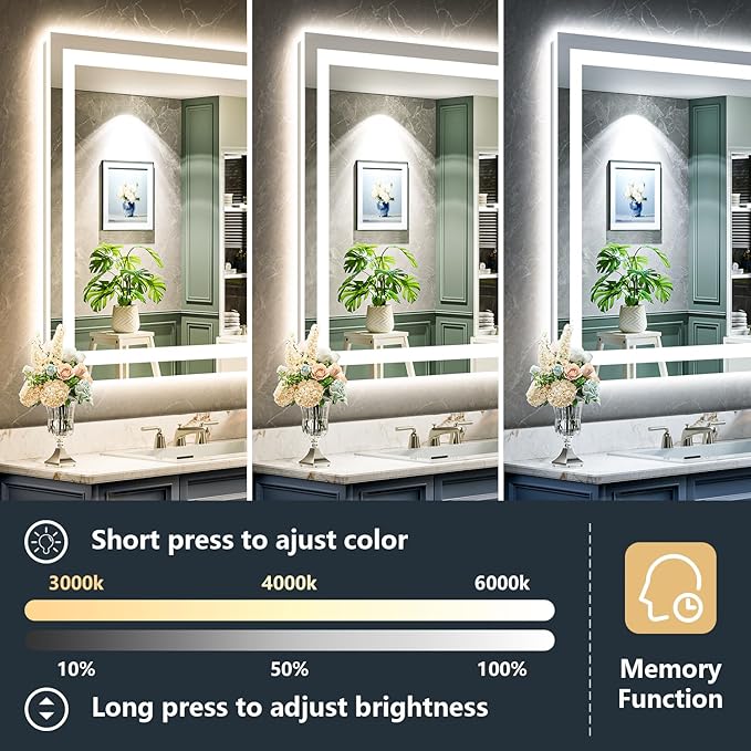 28x32 Inch LED Bathroom Mirror with Lights Front and Backlit Lighted Vanity Mirror for Bathroom Wall with 3 Colors Dimmable Anti-Fog Memory Shatter-Proof IP54 Waterproof Horizontal/Vertical