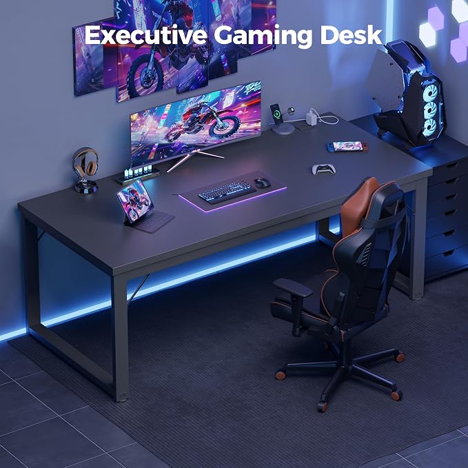 Mericonia 48 Inch Computer Desk with Power Outlets, 1.2" Thick Office Table | Modern Simple Style, Heavy Duty Industrial Frame, Small Study & Writing Table for Home Bedroom Work, Black