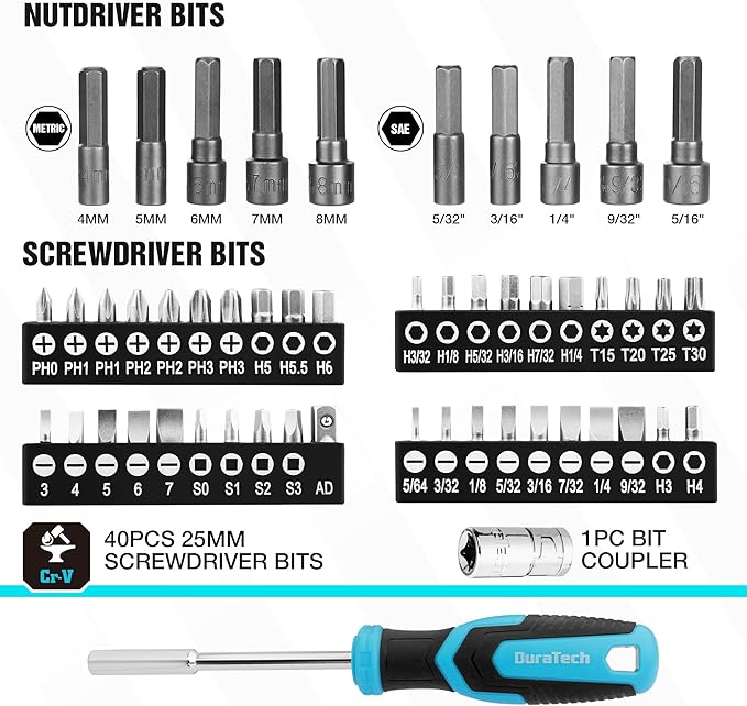 DURATECH 121-Piece Mechanics Tool Kits, Include SAE/Metric Sockets Set, 72-Tooth Drive Ratchet, 40-in-1 Magnetic Screwdriver, and Hex Keys with Carrying Tool Box for Auto Repair