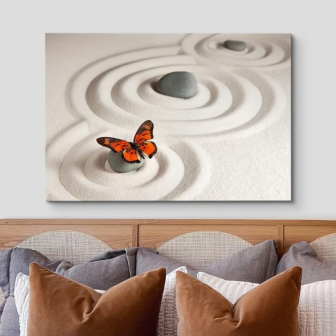 wall26 Canvas Print Wall Art Zen Garden with Stones & Monarch Butterfly Nature Wilderness Photography Realism Chic Scenic Relax/Calm Multicolor for Living Room, Bedroom, Office - 32"x48"